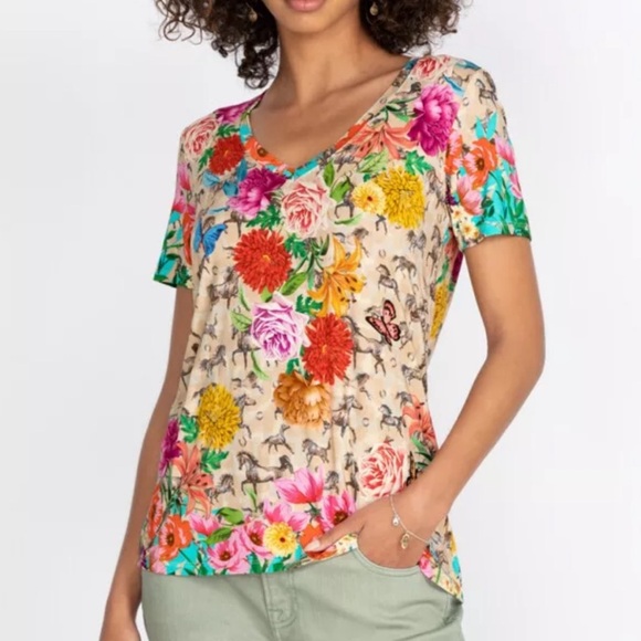 Johnny Was Lace garden favourites short sleeve v-neck womens shirt - Picture 1 of 9